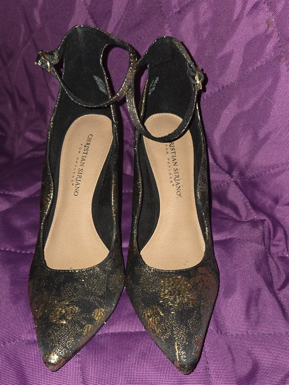Christian Siriano Black with Gold Metallic Pattern Pointed Toe Ankle-Strap Heels